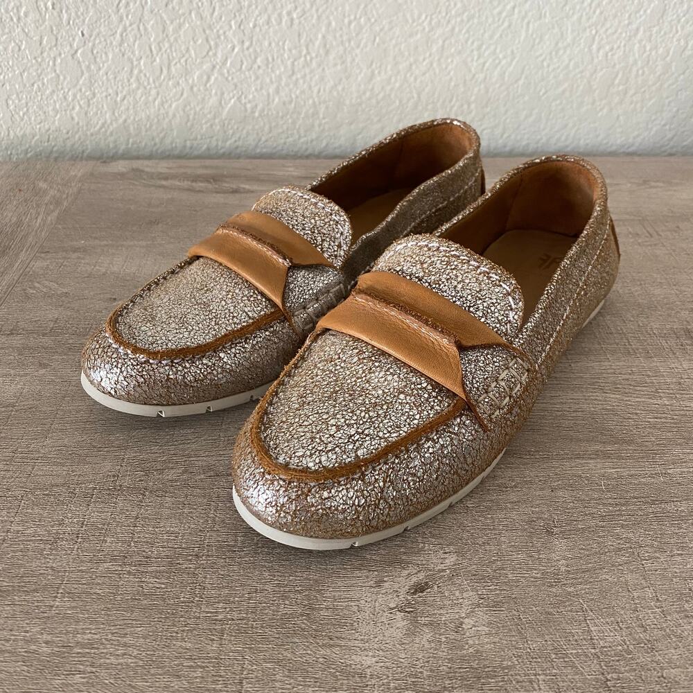 Frye Womens Sedona Seam Brushed Silver Metallic Leather Slip On Moc Loafers 6M